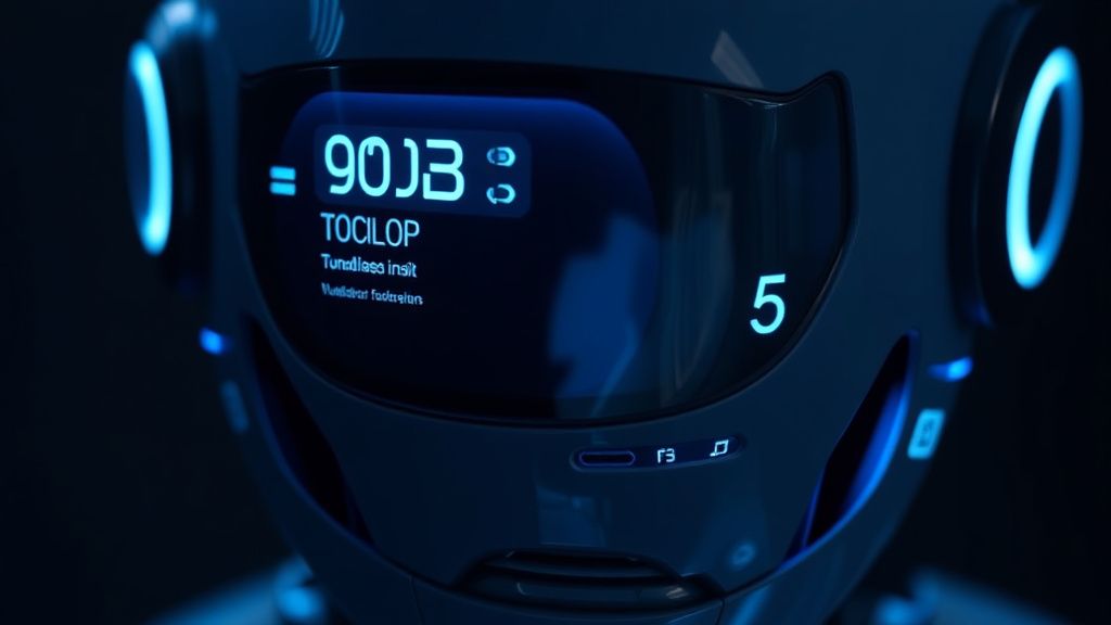 휴머노이드 로봇 얼굴에 탑재된 P-OLED 디스플레이 패널의 클로즈업